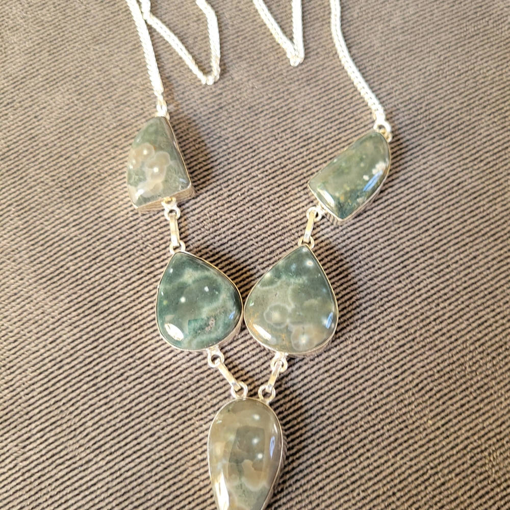 Elegant Green Stone Necklace. Natural Blue Green Ocean Jasper